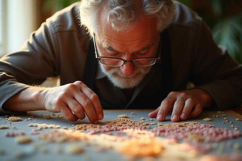 Fiber artist Gerald Arnold Weissman carefully examining a highly textured embroidery piece, fingers lightly touching the raised surface, in a sunlit studio.