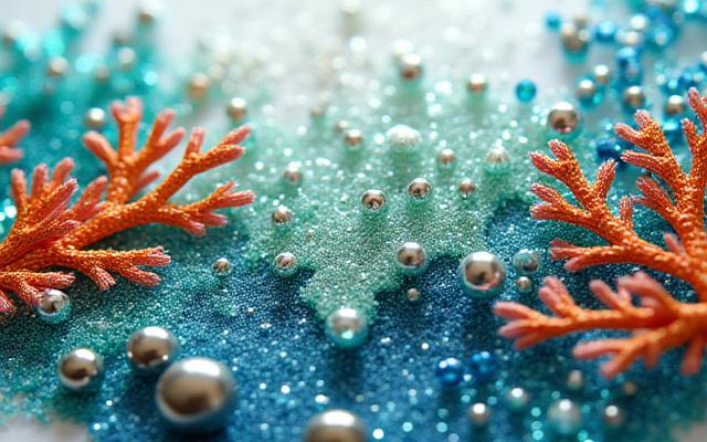 Angled perspective of a contemporary embroidery piece incorporating iridescent beads and metallic threads, creating visual depth and sparkle.