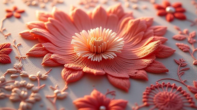 Close-up of a richly textured 3D embroidery piece, showing raised stitches and shadows on mobile devices.