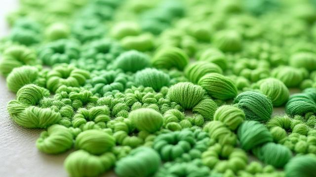 Close-up of a French knot embroidery with many knots creating a raised, bumpy texture in various green threads.