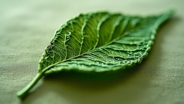 Detail of a detached embroidered leaf, showcasing the wired structure of stumpwork, giving it a realistic, independent form extending from the fabric.