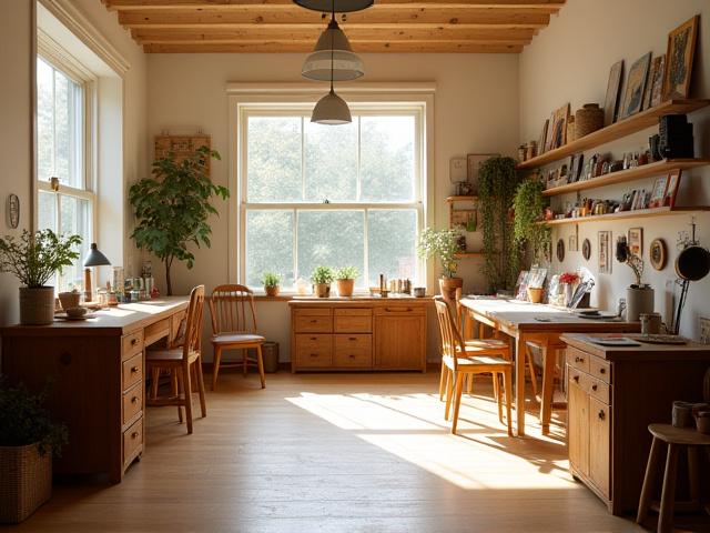 Wide shot of Gerald Arnold Weissman's organized, well-lit embroidery studio in Boynton Beach, featuring natural light and creative tools.