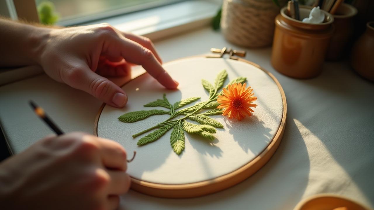 Close-up of Gerald Arnold Weissman's hands delicately embroidering a botanical piece in his studio, with natural light illuminating the work.