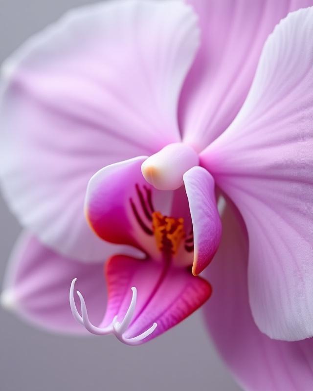 Detailed hand-embroidered orchid petal, showing delicate color gradations
