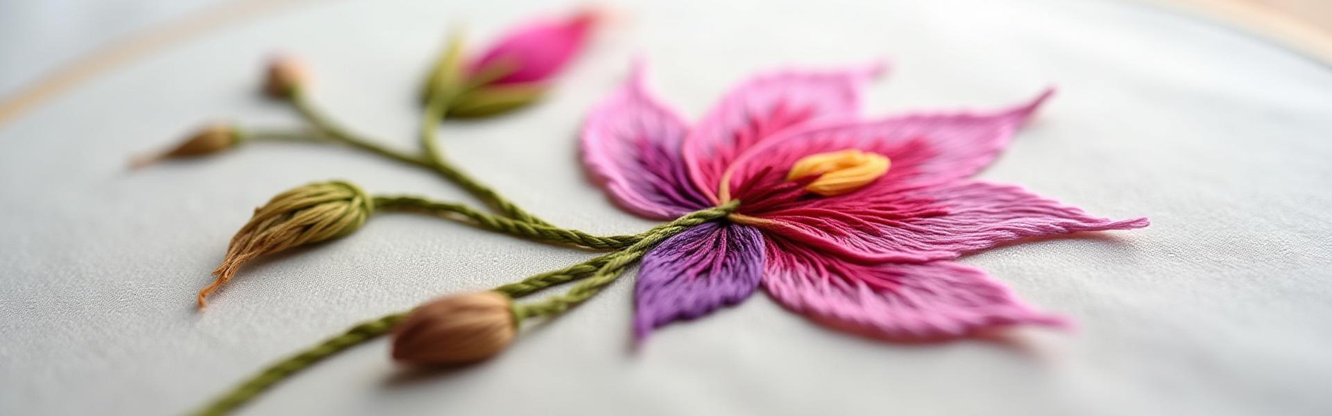 Close-up of a meticulously hand-embroidered botanical art piece, showcasing delicate petals and leaves in vibrant green and soft pink hues.