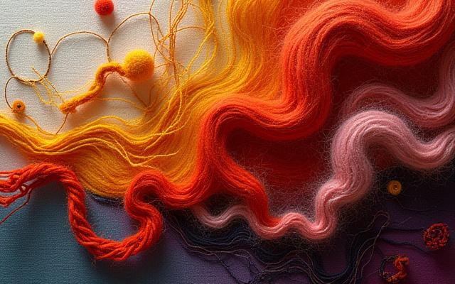 Abstract embroidery using thick, naturally dyed wool threads on an organic cotton canvas, rich in texture