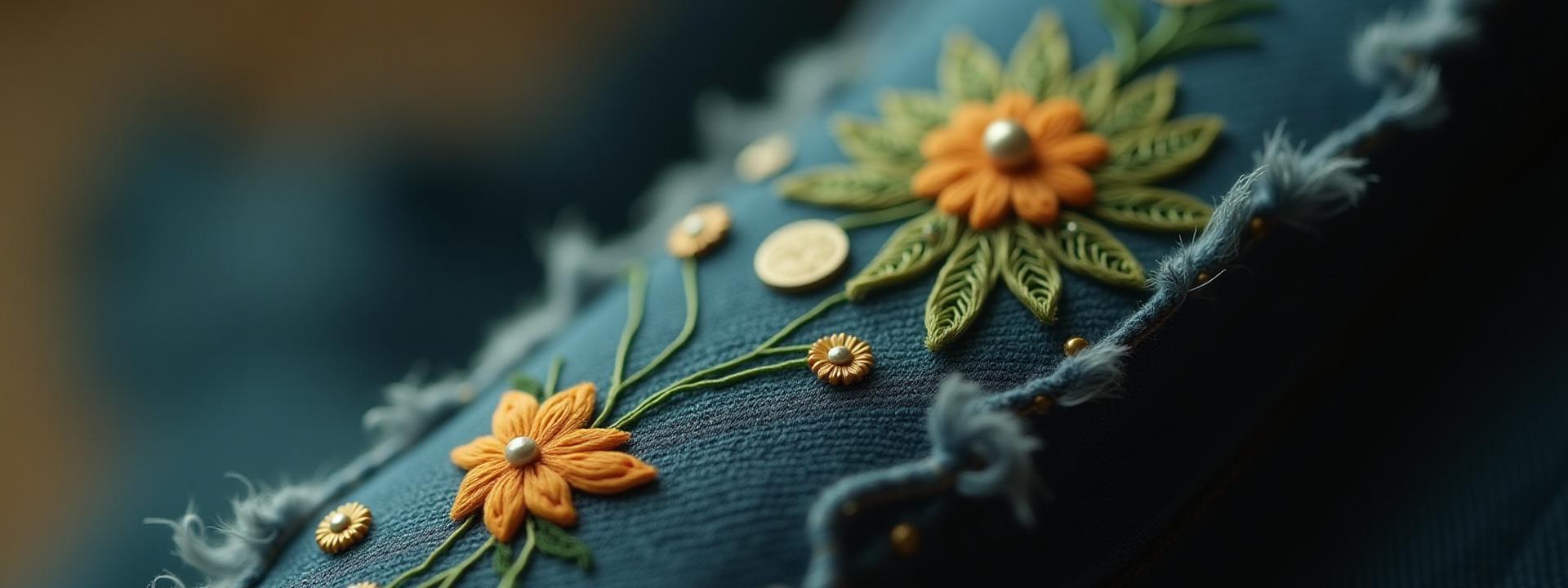 Delicate floral embroidery stitched onto a piece of raw-edged repurposed denim, showcasing texture and sustainable artistry