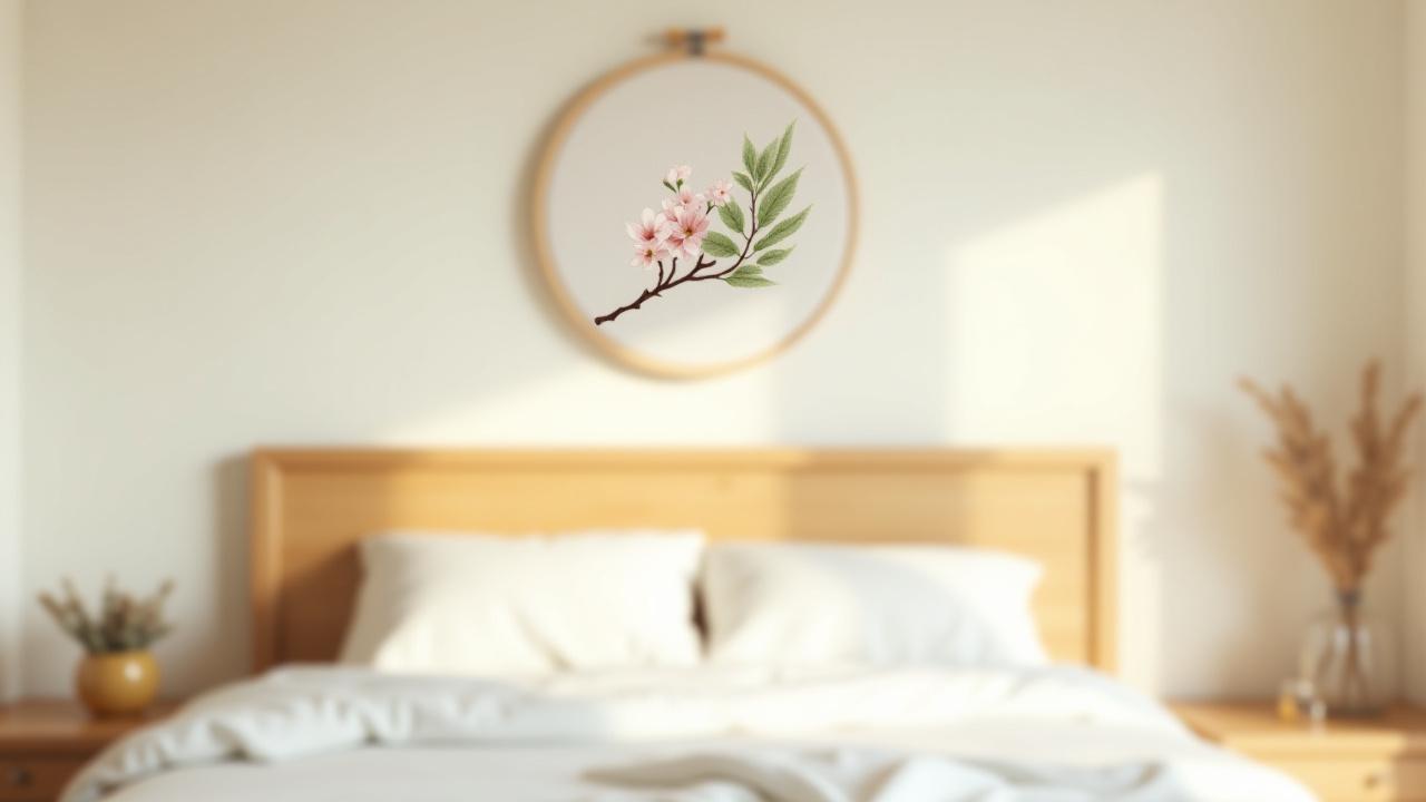 A single, large, elegant hand-embroidered floral hoop art piece hung above a minimalist headboard in a serene bedroom setting.