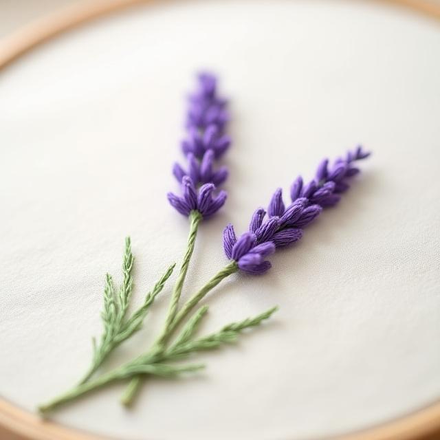 Close-up of a hand-embroidered lavender sprig in a wooden hoop, delicate purple and green threads creating lifelike detail.