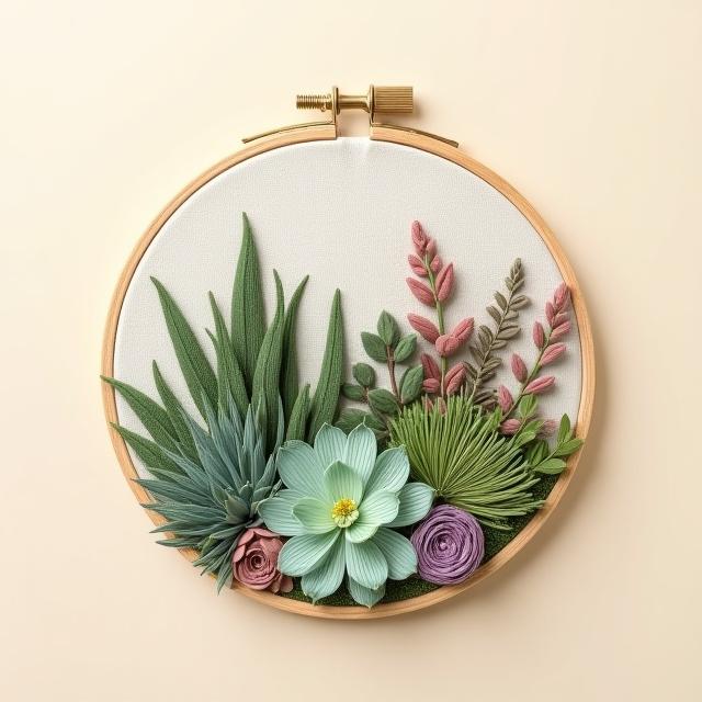 A modern hand-embroidered succulent garden design in a round wooden hoop, showcasing varied green and subtle pink tones of the plants.