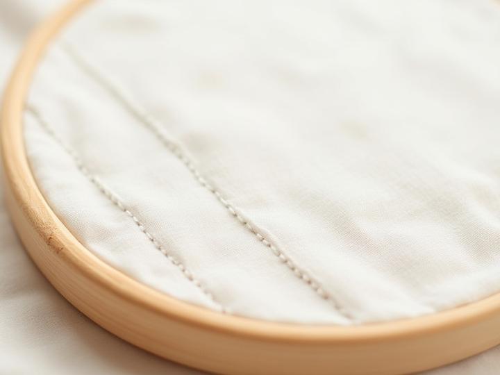 A detailed close-up of the clean and professional backing of a finished hand-embroidered wooden hoop, showing the neat fabric and secure finish.