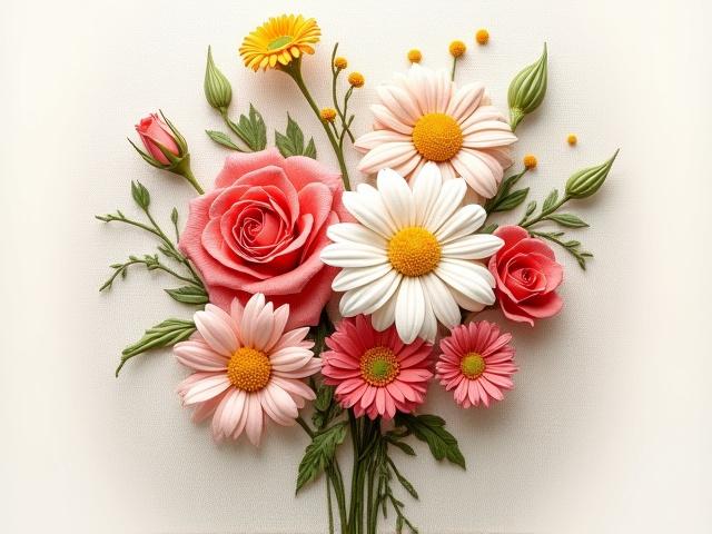 Embroidered bouquet of flowers in daylight, vibrant and detailed.