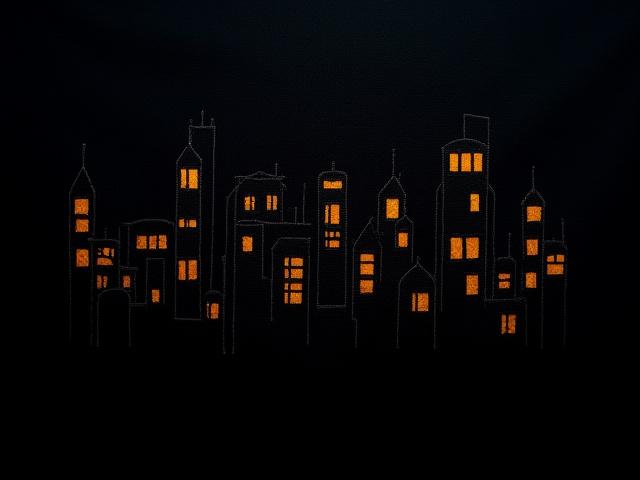 The same embroidered cityscape, with shimmering lights from windows at night.