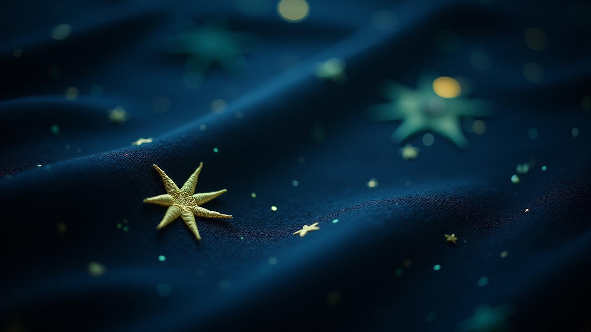 The same embroidered starry night sky artwork, now glowing with phosphorescent threads in a darkened room