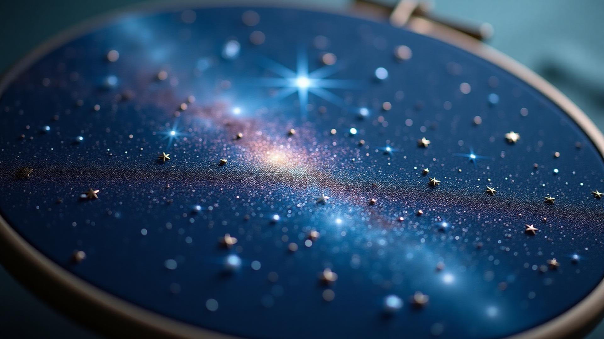 Intricate embroidered starry night sky artwork by Gerald Arnold Weissman in a well-lit setting