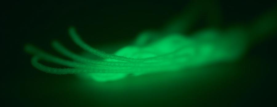 Extreme close-up of phosphorescent embroidery thread glowing brightly against a dark background.