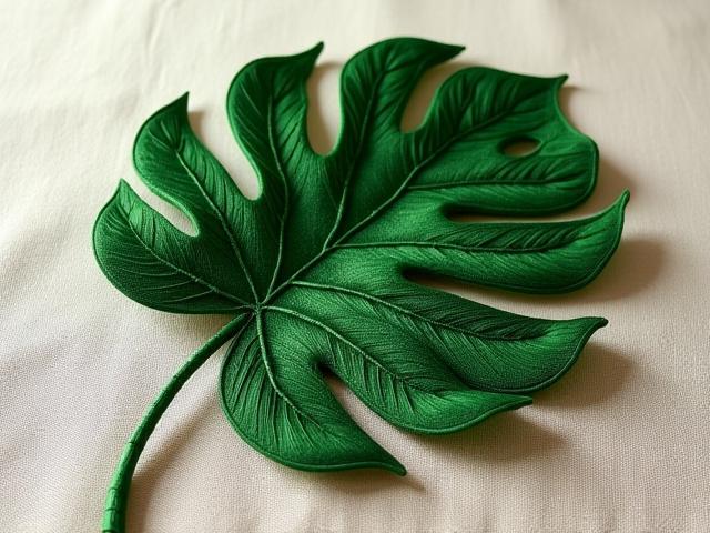 Close-up of a meticulously embroidered green monstera deliciosa leaf on linen