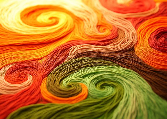 A vibrant abstract thread painting, using similar blending techniques but to create swirling, non-representational forms in bold colors.