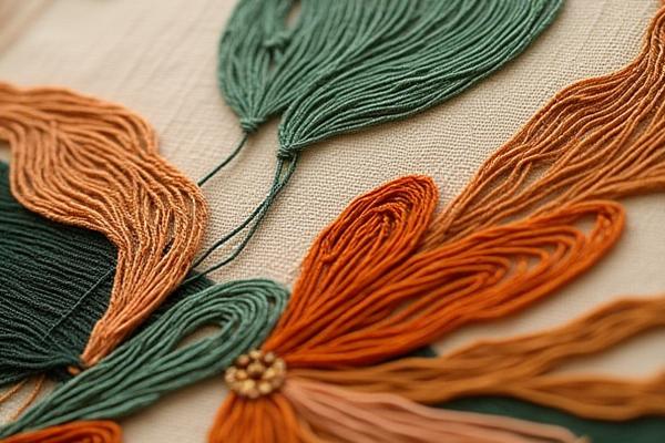 Abstract expressionist embroidery with fluid, organic shapes in earthy tones and cool greens, showcasing varied stitch densities.