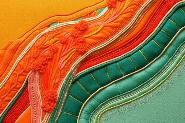 Vibrantly colored, contemporary embroidered piece with dynamic lines and color blocks reminiscent of modern art movements.