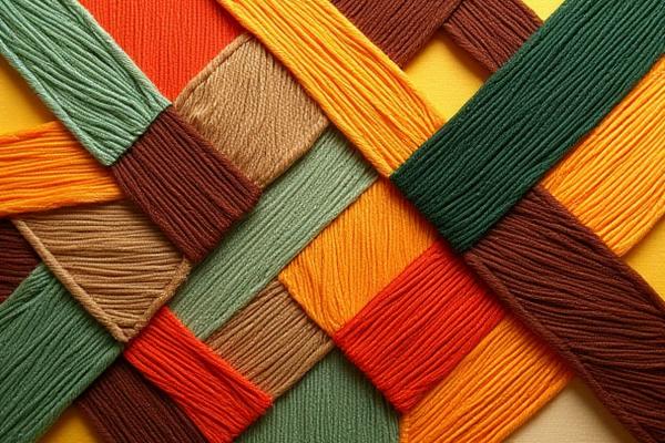 Bold geometric embroidered pattern, sharp lines in vibrant hues of brown, green, and accent orange against a light background.