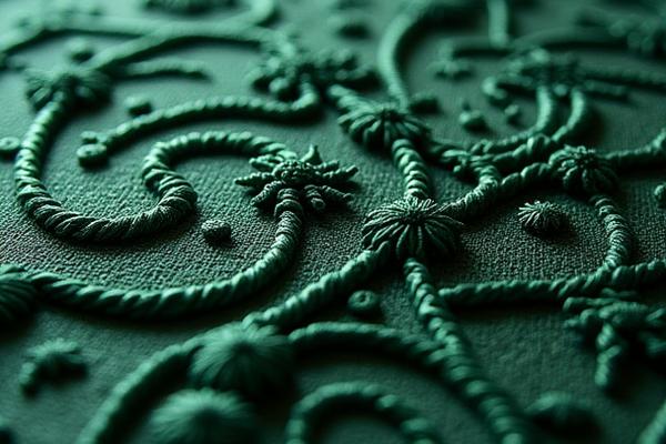 Close-up of a richly textured monochromatic embroidery piece, featuring raised elements and subtle shifts in tone to create depth.