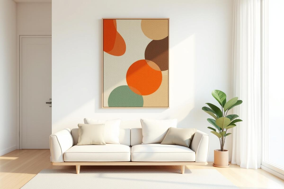Abstract embroidered artwork hanging above a minimalist sofa in a bright, modern living room, complementing the neutral color scheme.