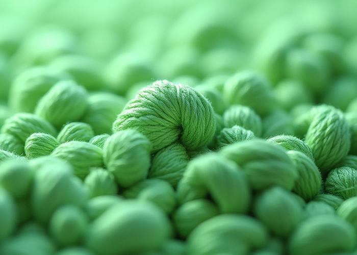 Extreme close-up of densely packed French knots in varying sizes, creating a bumpy, organic texture in a soft sage green.