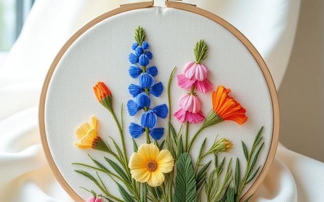Vibrant, custom embroidered botanical illustration of specific wildflowers, arranged in a naturalistic composition within an oval hoop, showcasing various thread textures.