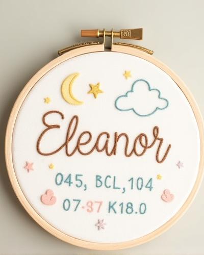 A cheerful embroidered baby announcement hoop with the baby's name, birth date, and whimsical animals.