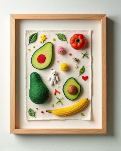 Whimsical embroidered piece depicting an abstract representation of an inside joke between friends, with vibrant colors and eclectic motifs.