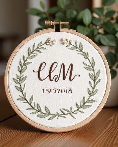Embroidered wedding hoop art featuring two intertwined initials, a wedding date, and delicate botanical elements, presented as a gift.