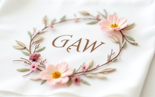 Elegant embroidered 'GAW' monogram on crisp white linen handkerchief, surrounded by delicate silk floral wreath, in soft, refined colors.