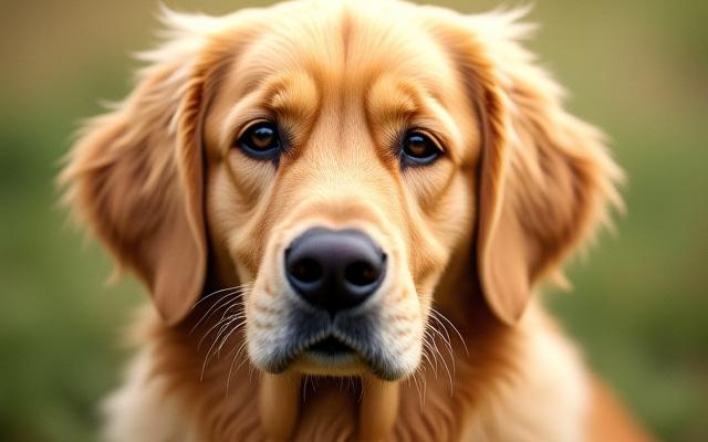 Detailed embroidered pet portrait of a Golden Retriever's face, capturing its fur texture and warm expression, set against a subtle, blurred background.