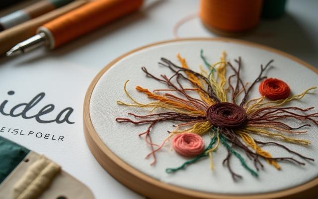 Stylized abstract embroidery combining various thread types, colors, and textures, hinting at diverse artistic possibilities, with a handwritten 'Idea' on a sketchpad in the foreground.