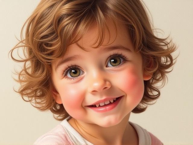 Realistic embroidery portrait of a smiling child with delicate facial features and flowing hair.